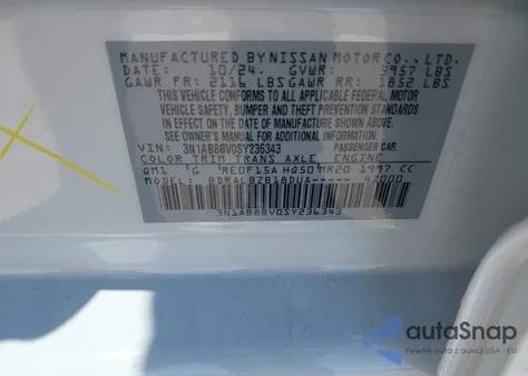 2025 Nissan Sentra S from USA, damaged, VIN 3N1AB8BV0SY236343